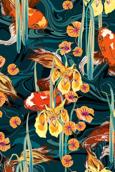 Koi: Koi Pond Aqua Petrol by Marylene Madou