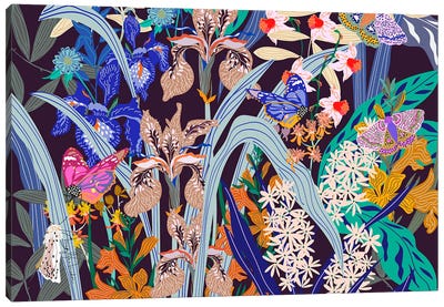 Butterfly Garden At Night Petrol Canvas Art Print - Daisy Art