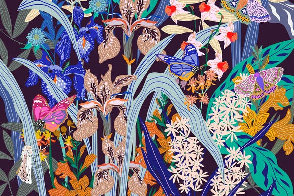 Marylene Madou: Butterfly Garden At Night Petrol by Marylene Madou