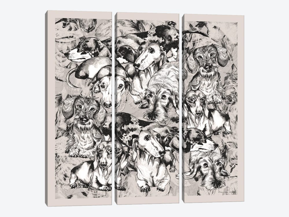 Dachshunds Pencil Sketches Warm Grey by Marylene Madou 3-piece Canvas Wall Art