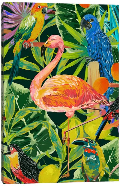 Jungle Birds Flamingo Canvas Art Print - Yellow Art