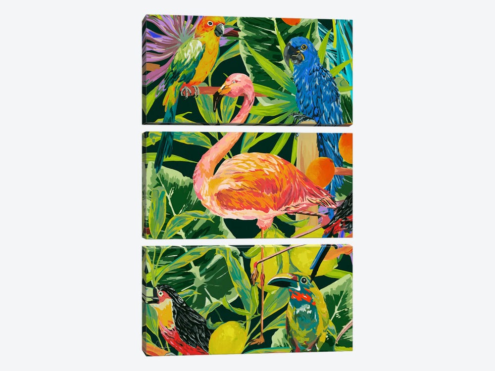 Jungle Birds Flamingo by Marylene Madou 3-piece Art Print