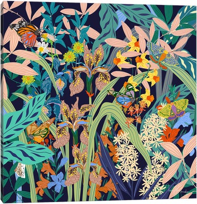 Butterfly Garden At Night Canvas Art Print - Iris Art