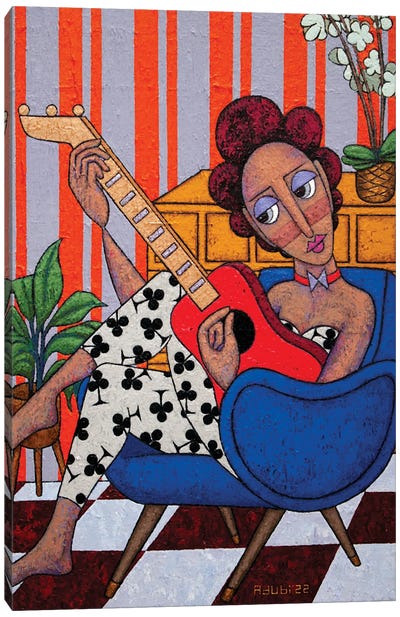 Adeyinka With The Red Guitar Canvas Art Print - Orchid Art