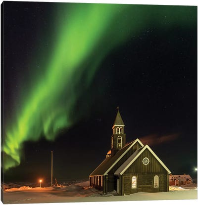 Northern Lights over the Zion's Church. Ilulissat at the shore of Disko Bay, Canvas Art Print - Oregon Art