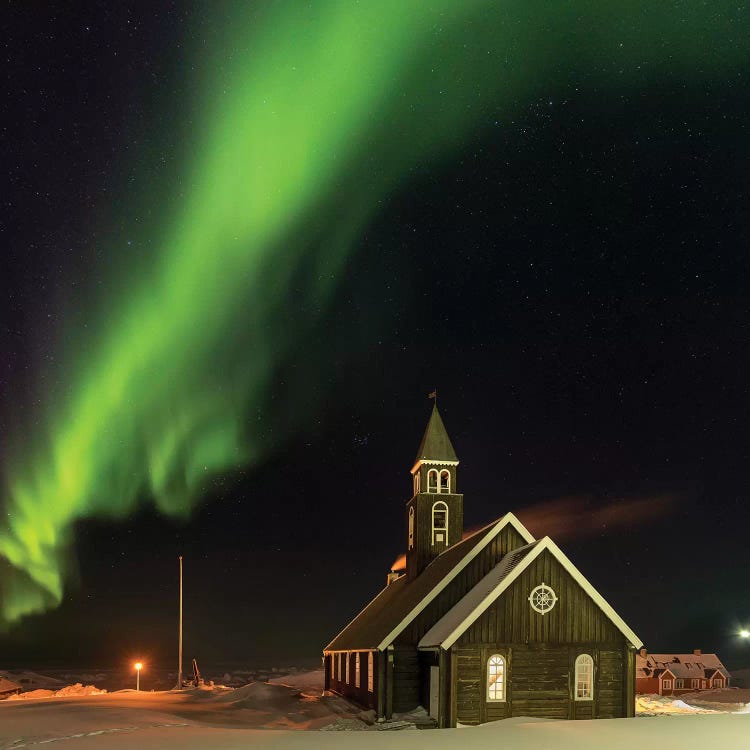Northern Lights over the Zion's Church. Ilulissat at the shore of Disko Bay,