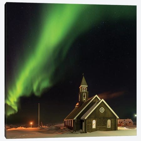 Northern Lights over the Zion's Church. Ilulissat at the shore of Disko Bay, Canvas Print #MZW114} by Martin Zwick Art Print