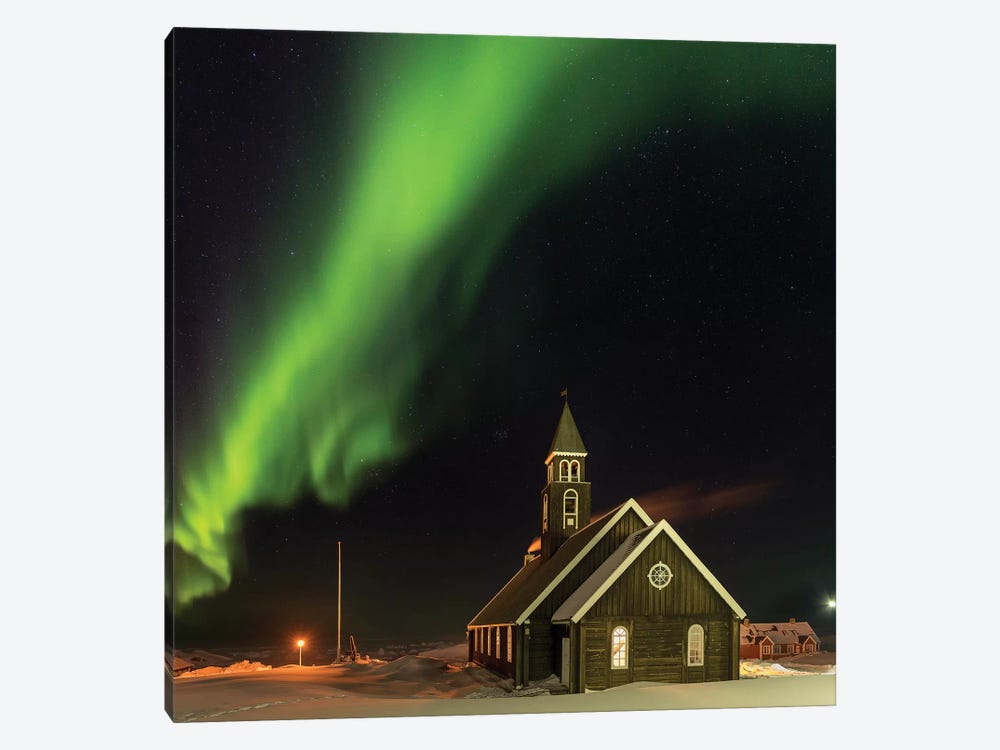 Northern Lights over the Zion's Church. Ilulissat at the shore of Disko Bay, by Martin Zwick 1-piece Canvas Art