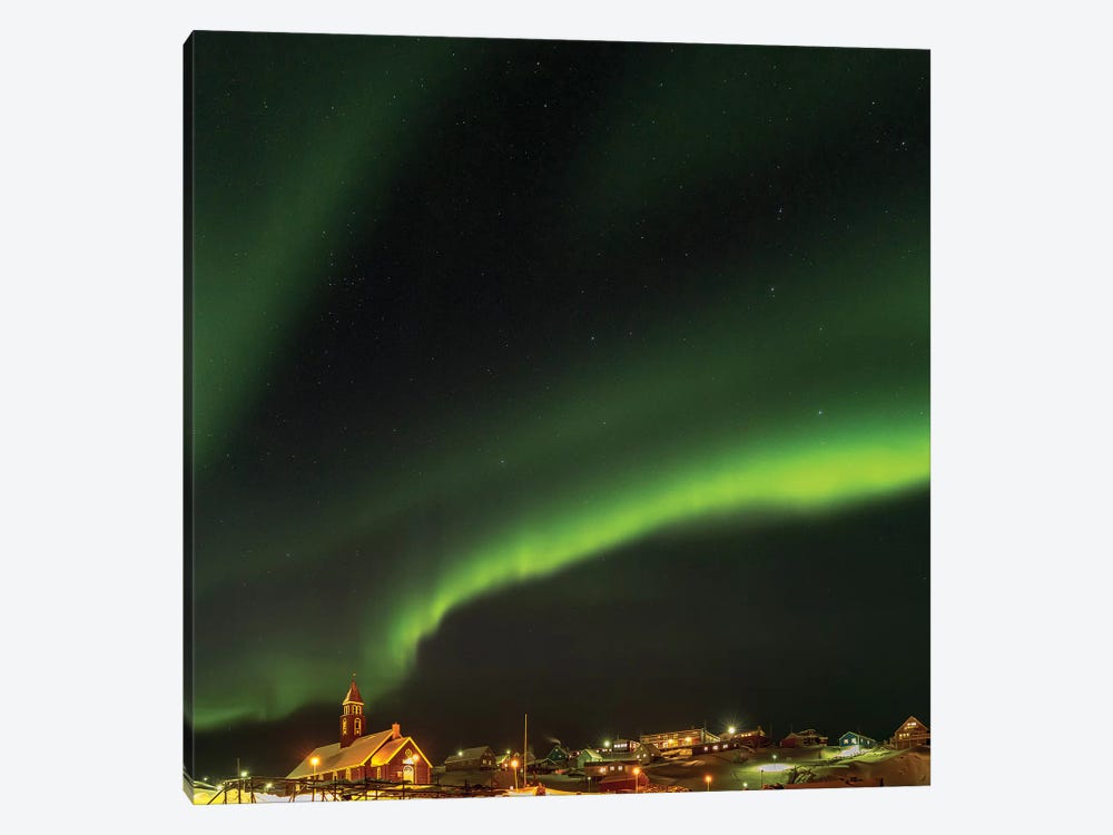 Northern Lights over town and frozen Disko Bay. Greenland. by Martin Zwick 1-piece Canvas Art Print