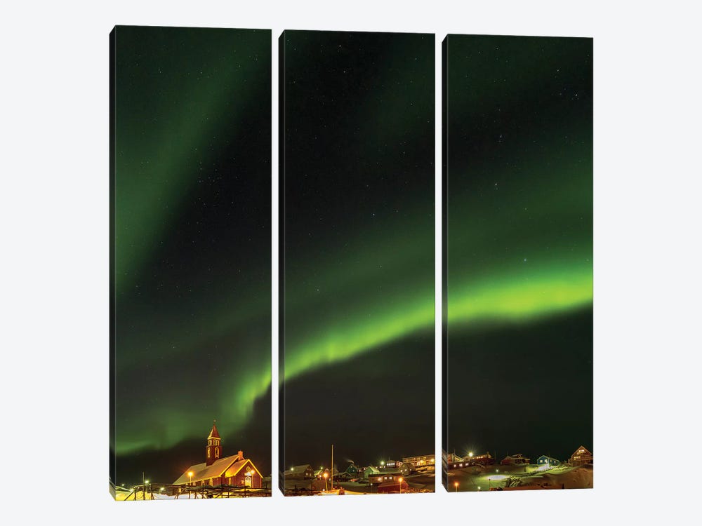 Northern Lights over town and frozen Disko Bay. Greenland. by Martin Zwick 3-piece Art Print