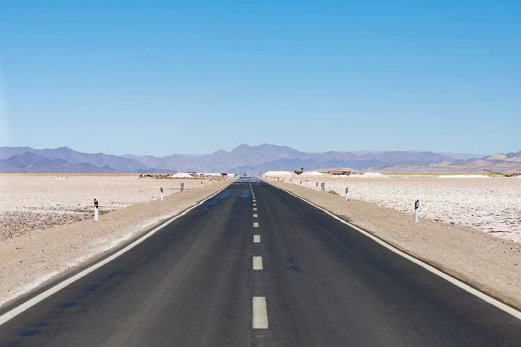 Routa 52 is crossing the Salar towards Chile. Landscape on the salt flats Salar Salinas Grandes