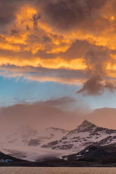 St. Andres Bay on South Georgia Island during sunset. 