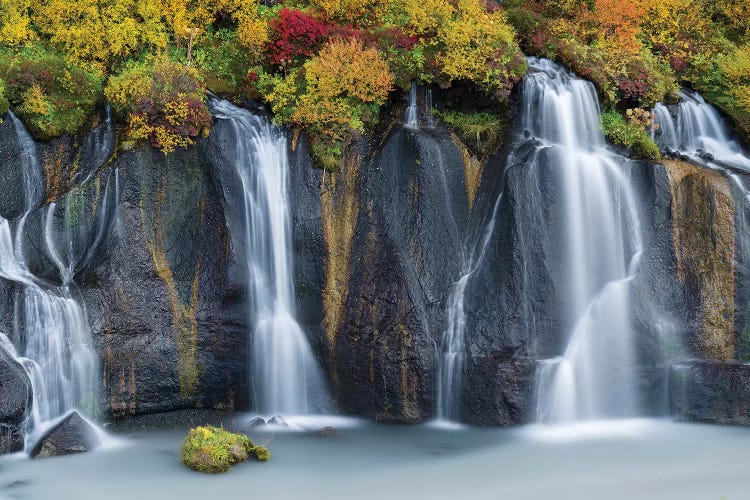 Waterfall Hraunfossar with colorful foliage during fall. Northern Iceland
