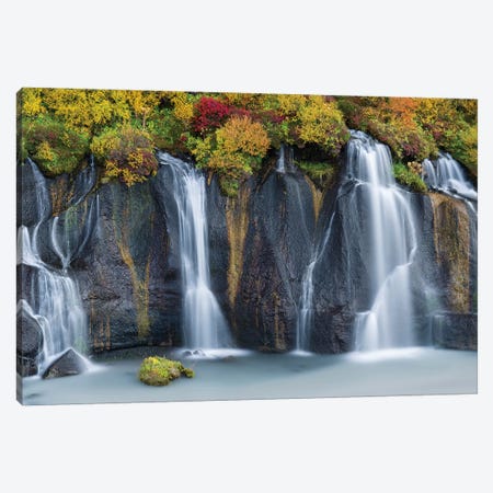 Waterfall Hraunfossar with colorful foliage during fall. Northern Iceland Canvas Print #MZW132} by Martin Zwick Canvas Wall Art