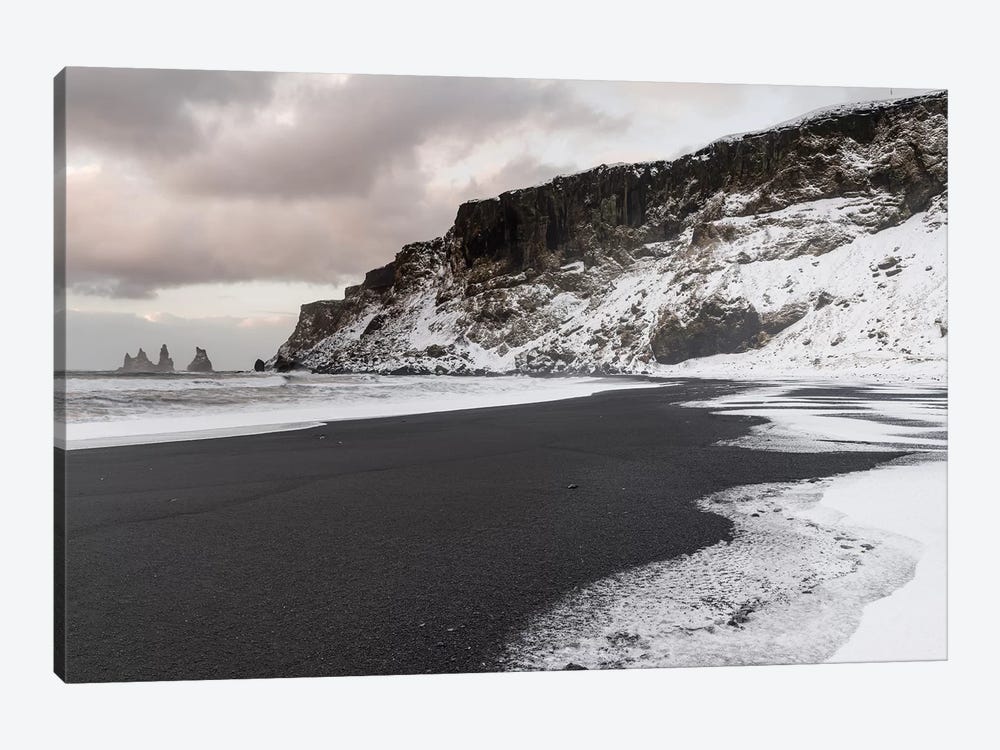 Coast Near Vik Y Myrdal During Winter. Black Volcanic Beach With The Sea Stacks Reynisdrangar, Iceland. by Martin Zwick 1-piece Canvas Art Print