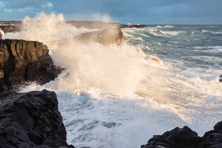 Coastline At Brimketill During Winter Storm Conditions At Sunset. Reykjanes Peninsula, Iceland.