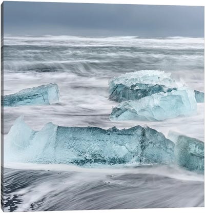 Icebergs On A Black Volcanic Beach I, Vatnajokull National Park, Iceland Canvas Art Print - Martin Zwick