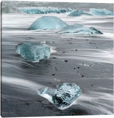 Icebergs On A Black Volcanic Beach III, Vatnajokull National Park, Iceland Canvas Art Print - Martin Zwick
