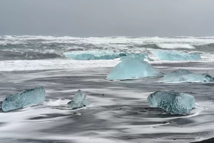 Icebergs On Black Volcanic Beach, Iceland.