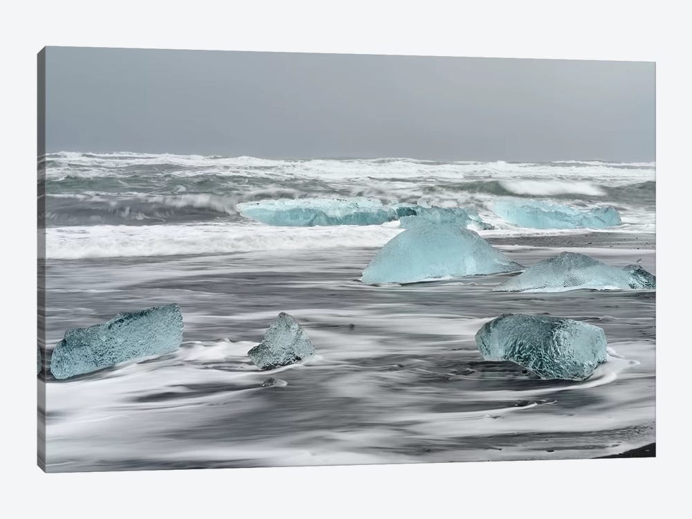 Icebergs On Black Volcanic Beach, Iceland. by Martin Zwick 1-piece Art Print