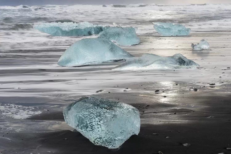 Icebergs On Black Volcanic Beach, Iceland.