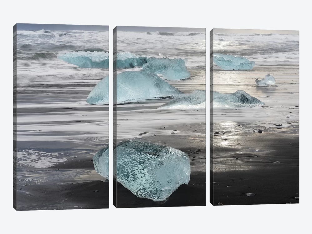 Icebergs On Black Volcanic Beach, Iceland. by Martin Zwick 3-piece Canvas Art