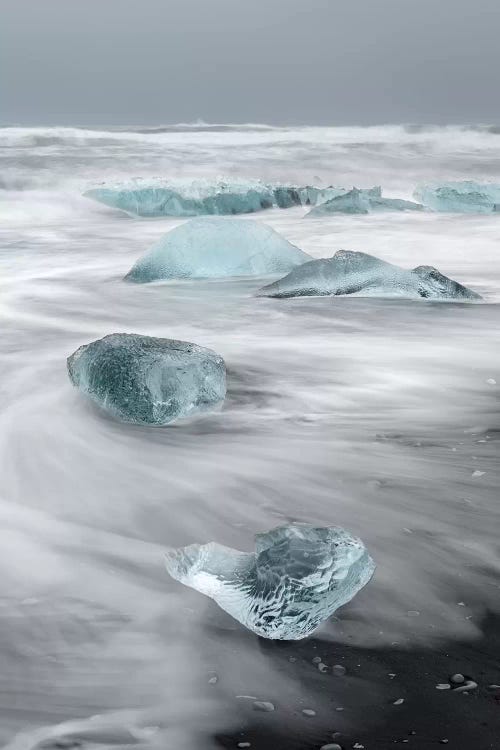 Icebergs On Black Volcanic Beach, Iceland.