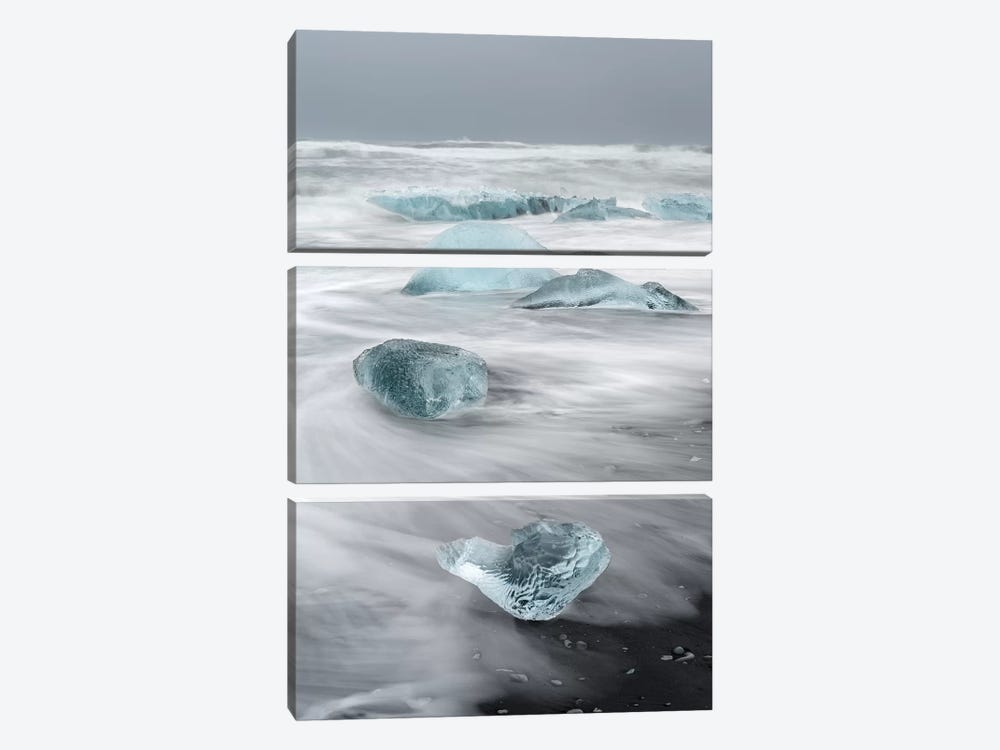 Icebergs On Black Volcanic Beach, Iceland. by Martin Zwick 3-piece Canvas Print