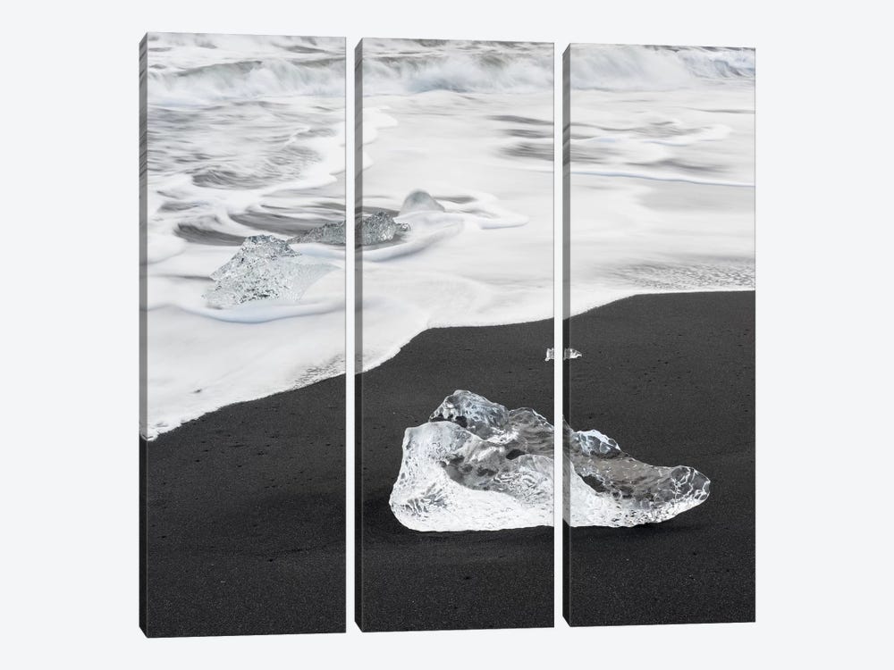 Icebergs On Black Volcanic Beach, Iceland. by Martin Zwick 3-piece Canvas Print