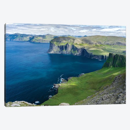 Settlement Vikar and Mountains, Island Vagar, Denmark, Faroe Islands Canvas Print #MZW21} by Martin Zwick Canvas Artwork
