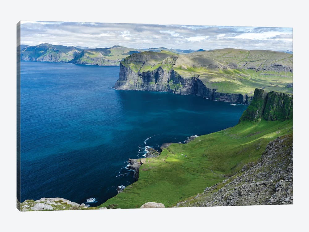 Settlement Vikar and Mountains, Island Vagar, Denmark, Faroe Islands by Martin Zwick 1-piece Canvas Art Print