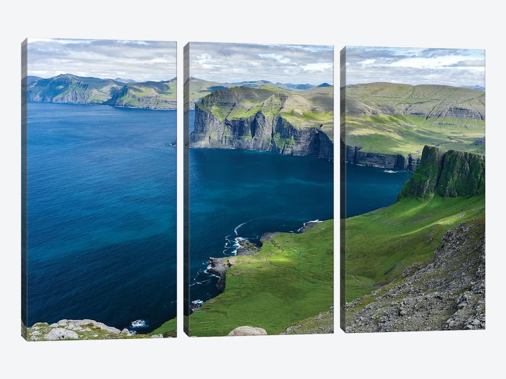 Settlement Vikar and Mountains, Island Vagar, Denmark, Faroe Islands by Martin Zwick 3-piece Canvas Art Print