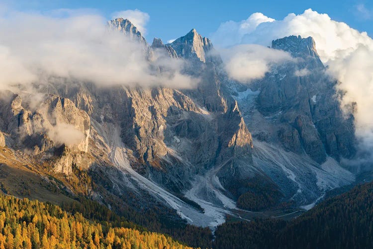 Peaks towering over Val Venegia. Pala group (Pale di San Martino) in the dolomites of Trentino, Italy.