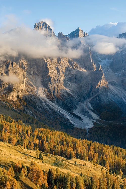 Peaks towering over Val Venegia. Pala group (Pale di San Martino) in the dolomites of Trentino, Italy