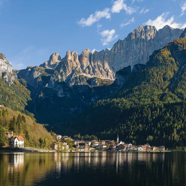Martin Zwick: Alleghe at Lago di Alleghe under the peak of Civetta, an icon of the dolomites in the Veneto, Italy by Martin Zwick