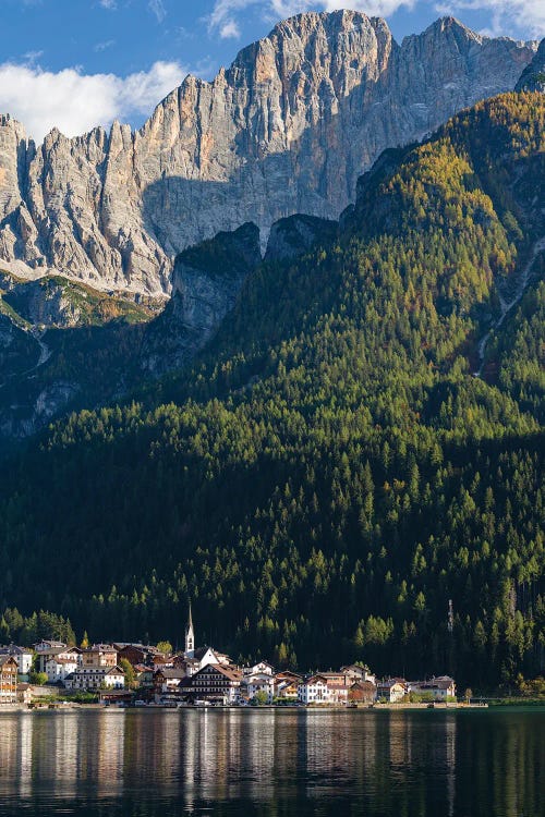 Alleghe at Lago di Alleghe under the peak of Civetta, an icon of the dolomites in the Veneto, Italy