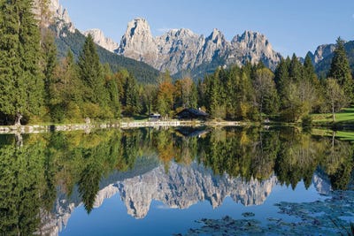 Lago Welsperg. Valle del Canali in the mountain range Pale di San Martino, in the dolomites of the Primiero, Italy. by Martin Zwick art print