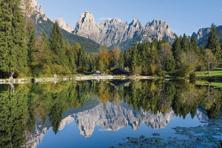 Lago Welsperg. Valle del Canali in the mountain range Pale di San Martino, in the dolomites of the Primiero, Italy.