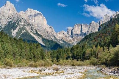 Valle del Canali in the mountain range Pale di San Martino,in the dolomites of the Primiero, Italy. by Martin Zwick art print