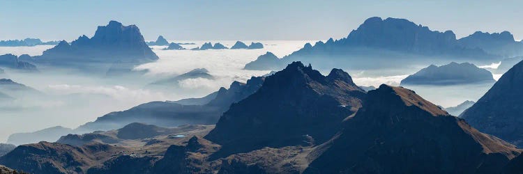 View towards Antelao, Pelmo, Civetta seen from Sella mountain range (Gruppo del Sella) in the Dolomites