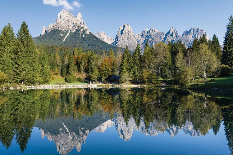 Lago Welsperg. Valle del Canali in the mountain range Pale di San Martino, in the Dolomites of the Primiero. Italy.
