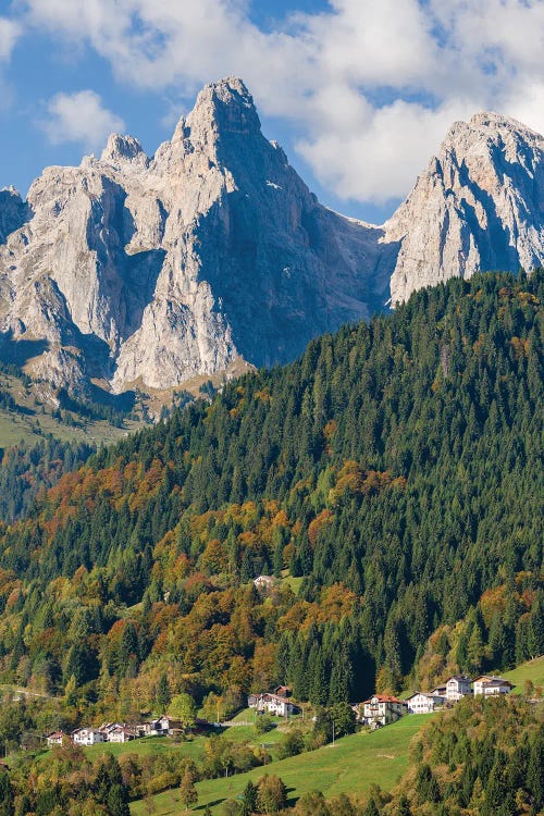 Villages Sarasin and Pongan in the Veneto under the peaks of the mountain range Pale di San Martino