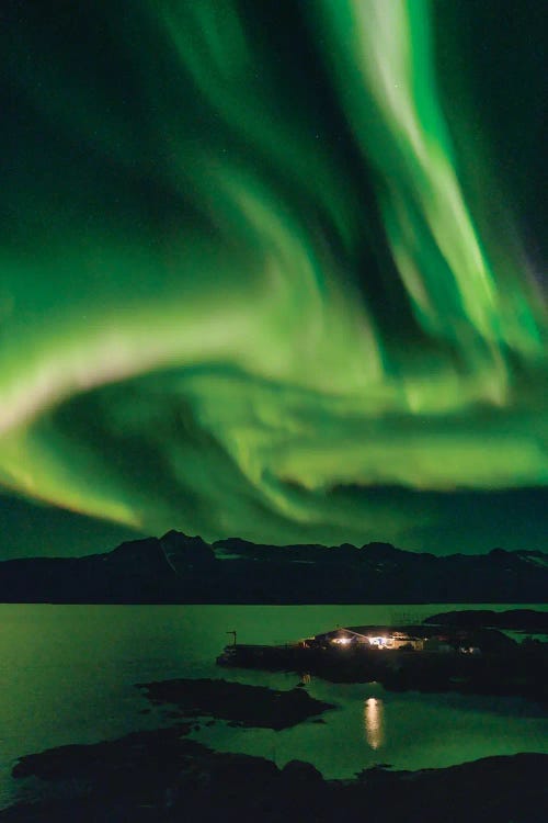 Northern Lights Over Settlement Kuummiit Ammassalik Area In East Greenland, Danish Territory