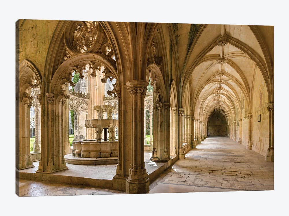 The fountain and water basin in the Claustro Real, royal cloister. Monastery of Batalha, Portugal  by Martin Zwick 1-piece Canvas Art Print