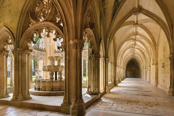 Columns: The fountain and water basin in the Claustro Real, royal cloister. Monastery of Batalha, Portugal  by Martin Zwick