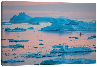 Boat at Ilulissat Icefjord, UNESCO, Ilulissat Kangerlua at Disko Bay. Greenland  Canvas Art Print - Glacier & Iceberg Art