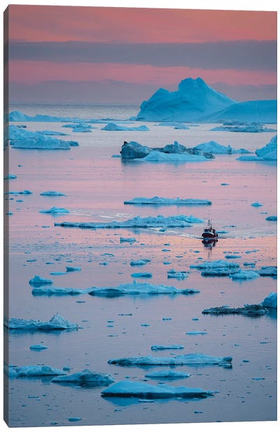 Boat at Ilulissat Icefjord, UNESCO, Ilulissat Kangerlua at Disko Bay. Greenland  Canvas Art Print - Martin Zwick