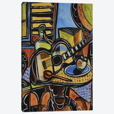 Guitar, Apple And Bottle Canvas Print #NAA178} by Nagui Achamallah Canvas Art