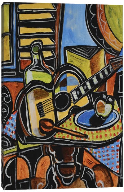 Guitar, Apple And Bottle Canvas Art Print - Cubism Art
