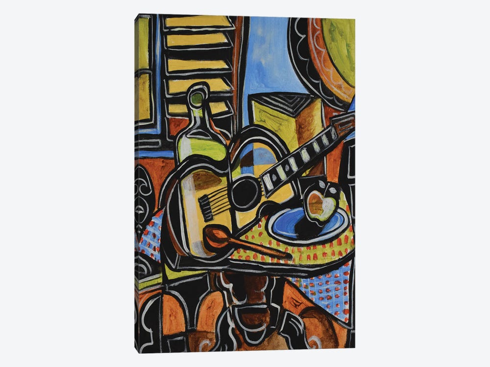 Guitar, Apple And Bottle by Nagui Achamallah 1-piece Canvas Art Print